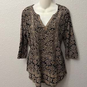 Lucky Brand Black and Tan Batik Print V-Neck Boho Tunic Top Size 1x